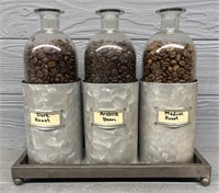 (3) Galvanized Metal & Glass Coffee Bean Canisters