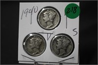 1940 Lot of 3 Mercury Silver Dimes