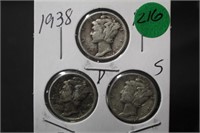 1938 Lot of 3 Mercury Silver Dimes
