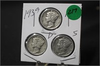 1939 Lot of 3 Mercury Silver Dimes
