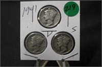 1941 Lot of 3 Mercury Silver Dimes