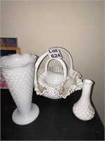 Vintage Hobnail Milk Glass Baskets and Vases