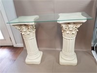 2 Decorative Columns w/ Glass Table Top, overall