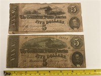 Pair of five dollar confederate notes dated 1864
