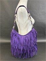 Suede Fringe Purple Snakeskin Print Hand Bag