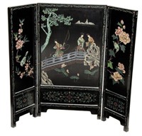 CHINESE BLACK LACQUER THREE PANEL SCREEN
