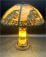 ANTIQUE SLAG GLASS LAMP      (3 LIGHT, BASE & TOP)