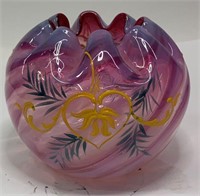 Hand Decorated Cranberry Swirl Glass Rose Bowl