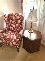 WING CHAIR,VTG HEXAGON CABINET, LAMP