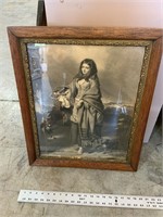 woman with basket and dog antique picture