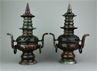 Pair Chinese Agate Carved Censers