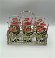 1950s Floral High Ball Set in Holder