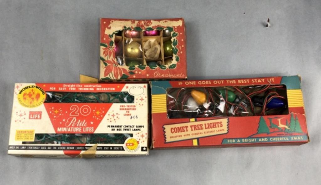 Vintage Christmas lights and Christmas ornaments