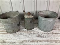 Galvanized buckets and fuel can