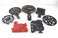 7 Vintage Cast Iron Trivets, Roosters, Flowers+