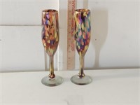 2 Blown Art Glass Champagne Flutes