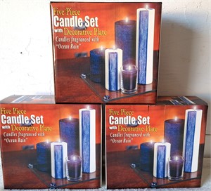 3 BOXES 5 PIECE PILLAR CANDLE SET W CLEAR PLATE