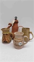 3 POTTERY MUGS + TEAPOT