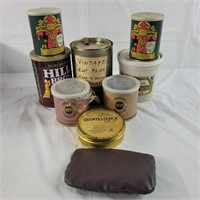 Cans of tobacco, many vintage, many with tobacco