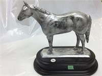 Pewter Horse on wooden stand 11" tall