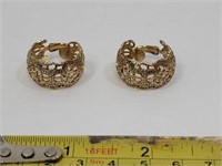 Very Ornate Hoop Earrings Clip On Fancy Gold Desig