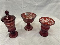 3 Bohemian Ruby Red Cut Items:  Urn with lid, 10