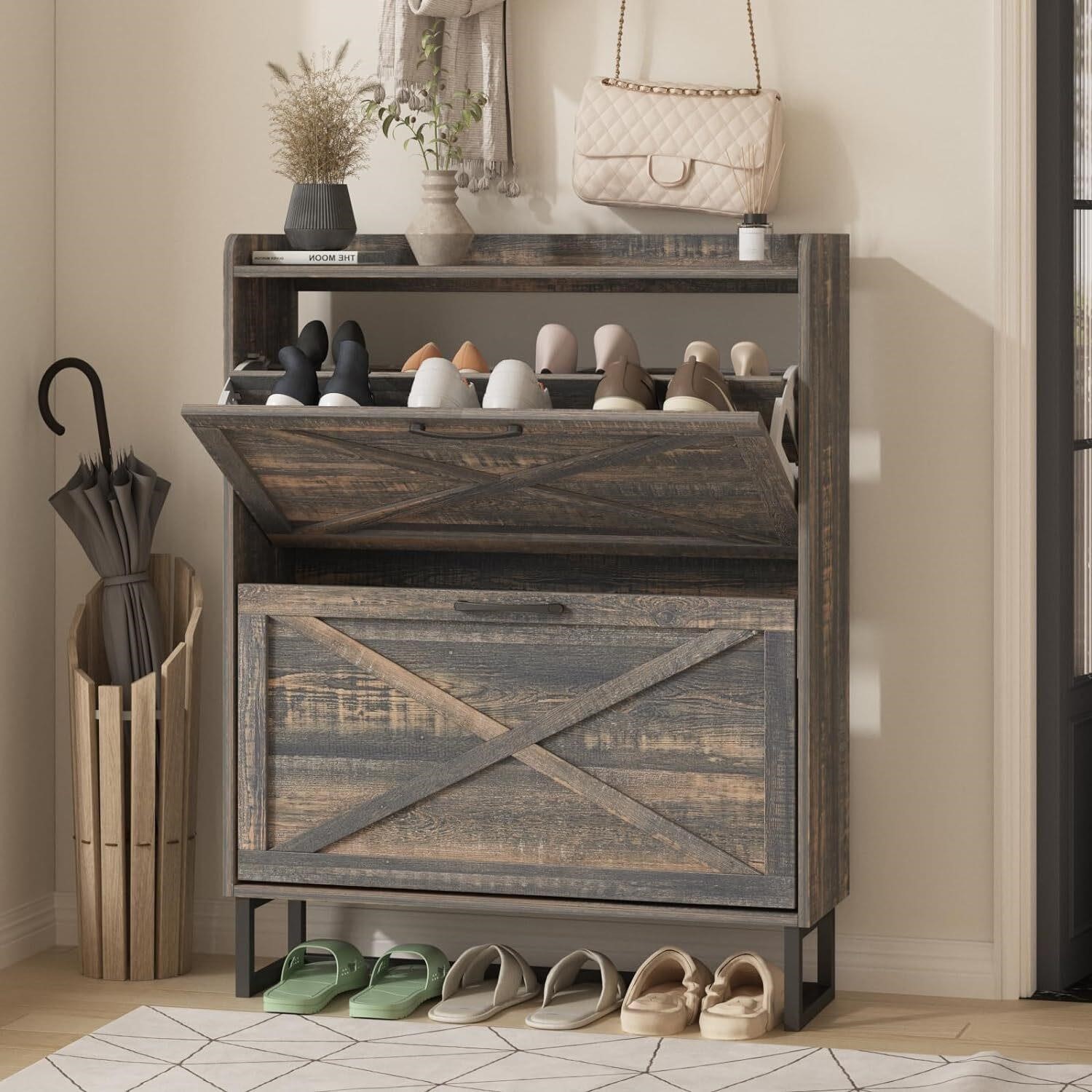 Maupvit 2-Flip Shoe Cabinet  Dark Rustic Oak