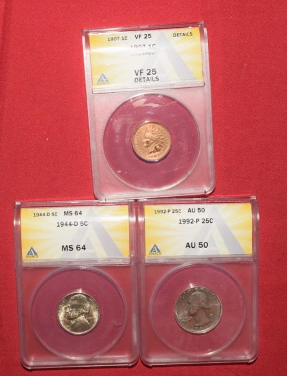 1907 Indian Head Penny,1944D Nickel&1992P Quarter