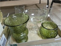 BOX: GREEN & CLEAR GLASS BOWLS & VASES