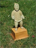 Carved Stone Inuit Figure on Wooden Base