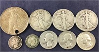 Nine Old Silver Coins:  Peace Dollar With Hole,