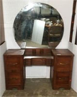 Antique Vanity with Round Mirror & Four Drawers