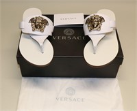 Versace White & Pale Gold Thong Strap Flat Sandals