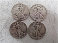 4 Walking Liberty Silver Half Dollars - 1941, 1942