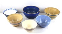 6 Yellow Ware & Blue Stoneware Mixing Bowls+++