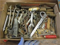 box flat of tools(older wrenches-screwdrivers-etc)