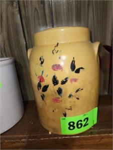 DECORATED OLD CROCK POTTERY COOKIE JAR/