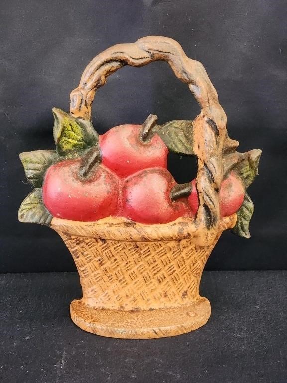 VINTAGE CAST IRON BASKET OF APPLES DOOR STOP