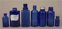 7 Assorted Blue Glass Vintage Medicine Bottles
