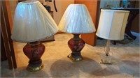 MID CENTURY BURGUNDY FLORAL LAMPS AND ONE CRYSTAL