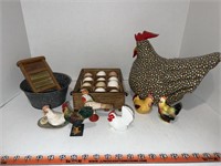 Chicken decor. Ceramic chickens, mini washboard