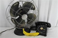 Vtg. G.E. Table Fan & Kellogg Black Rotary Phone