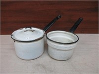 Pair of Enamel Ware Pots with 1 Lid