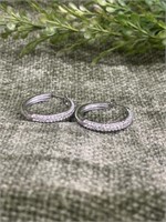 .925 Sterling Silver White Crystal Hoop Earrings