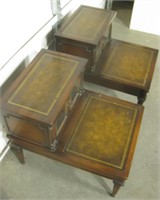 2 Vtg Leather & Wood 2-Tier Step Tables w/ Doors