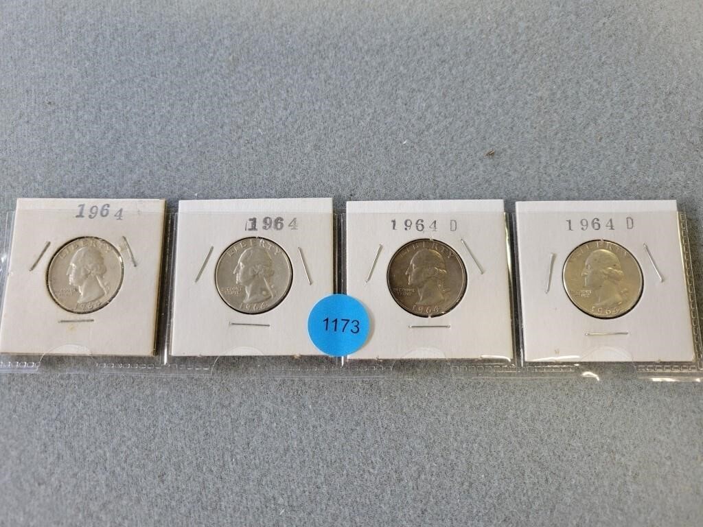 4 Washington quarters; 2- 1964, 2- 1964d.  Buyer m