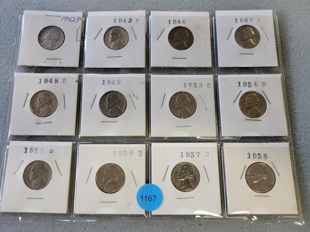 12 Jefferson nickels; 1942p-1958.  Buyer must conf