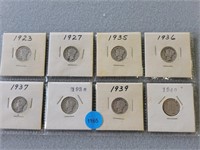 8 Mercury dimes; 1923-1940.  Buyer must confirm al
