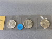 3 Kennedy half dollars; 1964, 2- 1964d.  Buyer mus