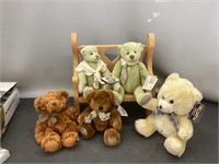 Five stuffed teddy bears &1wooden stool